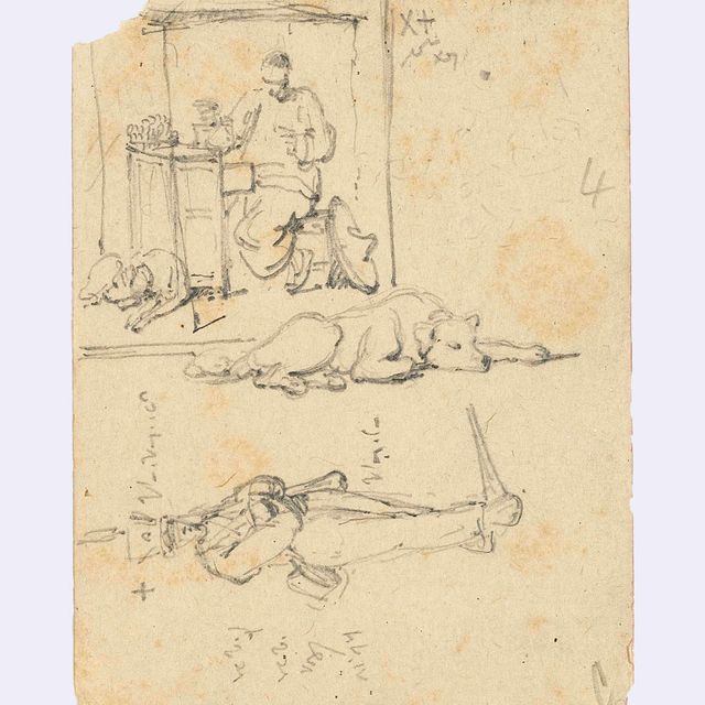 George Chinnery — Этюды китайского торговца, его собаки и солдата; Ноги; рука, держащая монету; шлем от доспехов