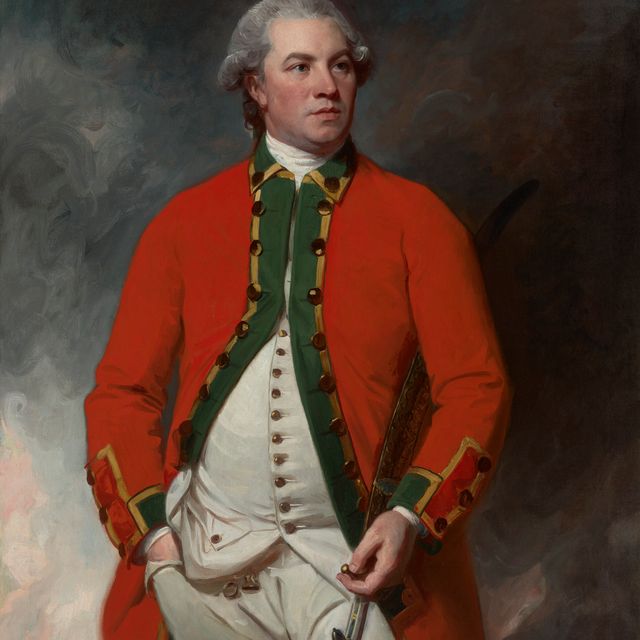 George Romney — Портрет капитана Джона Стейблза (1743-1744 - 1795), в три четверти длины, в форме Ост-Индской компании, с мечом-тальвар в руках.