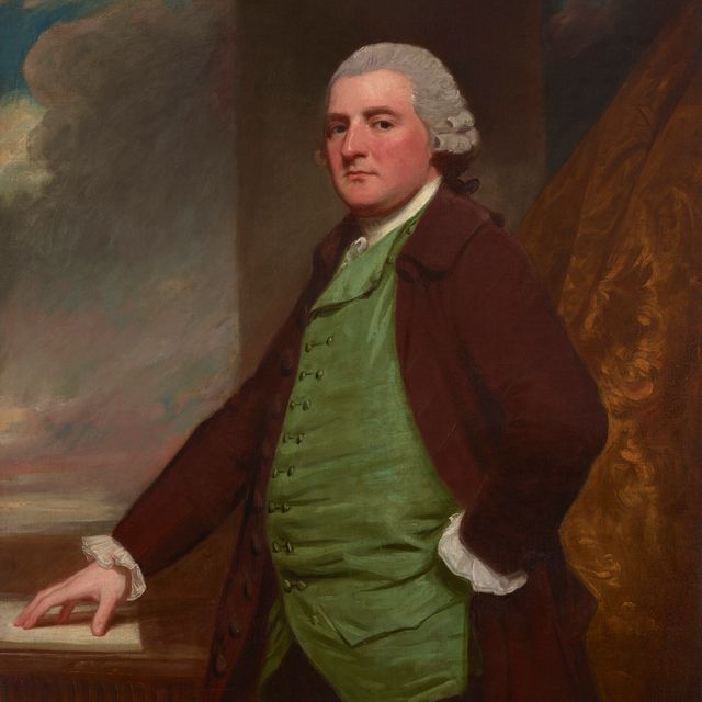 George Romney — Портрет Джеймса Кросса из Клифтона, Бристоль (?1739-1791), в три четверти роста, за столом на фоне пейзажа
