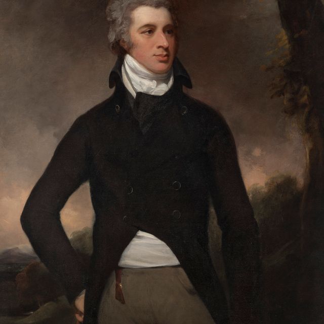 George Romney — Портрет Джорджа Генри Фицроя (1760-1844), графа Юстона, впоследствии 4-го герцога Графтона, в три четверти роста, в черном сюртуке, на фоне пейзажа.