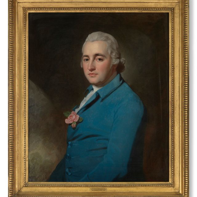 George Romney — Портрет джентльмена, традиционно идентифицируемого как Аткинсон Гримшоу, в полный рост, в синем сюртуке, с розовой розой