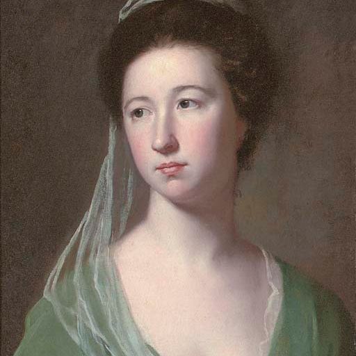 George Romney — Портрет дамы, которую традиционно называют леди Сисилия Холливелл, длиной до груди, в зеленом платье и бледно-зеленой вуали