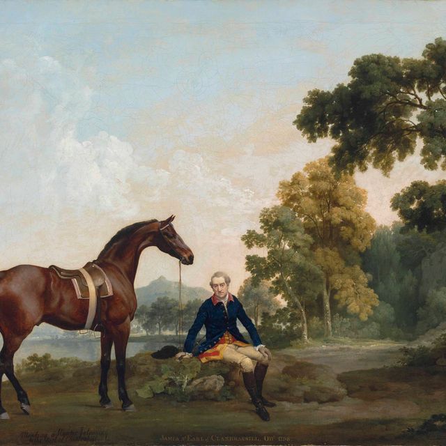 George Stubbs — Джеймс Гамильтон, 2-й граф Кланбрассил (1730-1798), со своим гнедым охотником Моубреем отдыхает на лесной тропинке у озера