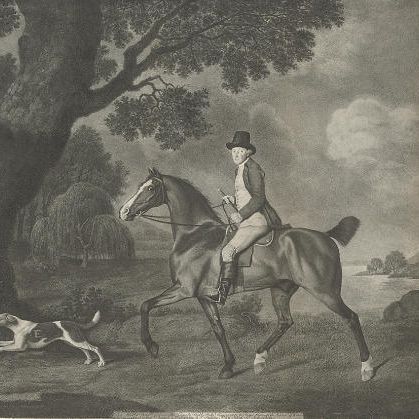 George Stubbs — Портрет джентльмена, предположительно сэра Фредерика Ивлина, скачущего верхом с собакой