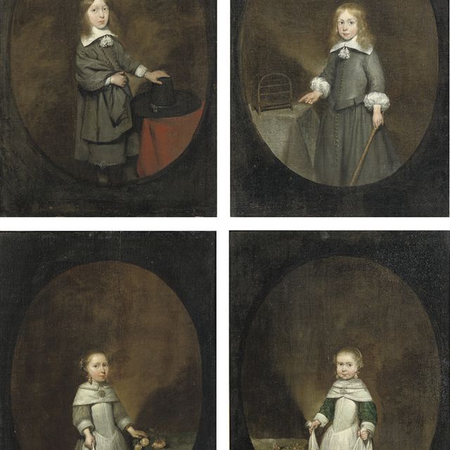 Gérard — Портрет Питера Крейвангера (род. 31 июля 1650 - после 1670), в три четверти роста, в сером костюме с белым воротничком, стоящий у стола, покрытого красной драпировкой, его левая рука покоится на черной шляпе, а правая обхватывает мантию, в нарисованном овале; Портрет Геррита Крейвангера (4 декабря 1651-1674), в три четверти роста, в сером костюме с белым воротничком, стоящий и указывающий правой рукой на птичью клетку на столе, в левой руке трость, в нарисованном овале; Портрет Лийсбет Крейвангер (урожд. 20 января 1653 -?), ростом в три четверти метра, в серебристом платье, с жемчугами и красными бантами в волосах, стоящая у стола, задрапированного зеленой скатертью с розовыми розами, придерживающая правой рукой фартук, в нарисованном овале; Портрет Налеке Крейвангер (урожд. 4 апреля 1655-1676), рост три четверти, в зеленом с золотой вышивкой платье с многослойным воротником, жемчугом и красными бантами в волосах, стоит у стола, украшенного цветами, обеими руками придерживая свой фартук, украшенный цветами, в нарисованном овале