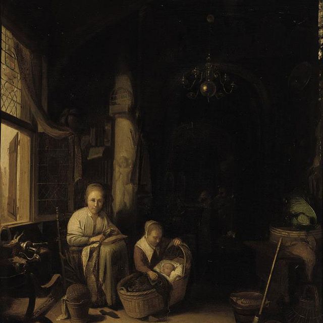 Gerrit Dou — Молодая мать со своими детьми в интерьере