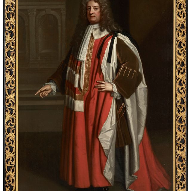 Gibson — Портрет адмирала Эдварда Рассела, 1-го графа Орфорда (1652-1727), в полный рост, в мантии пэра, с драпировкой и архитектурой за ее пределами