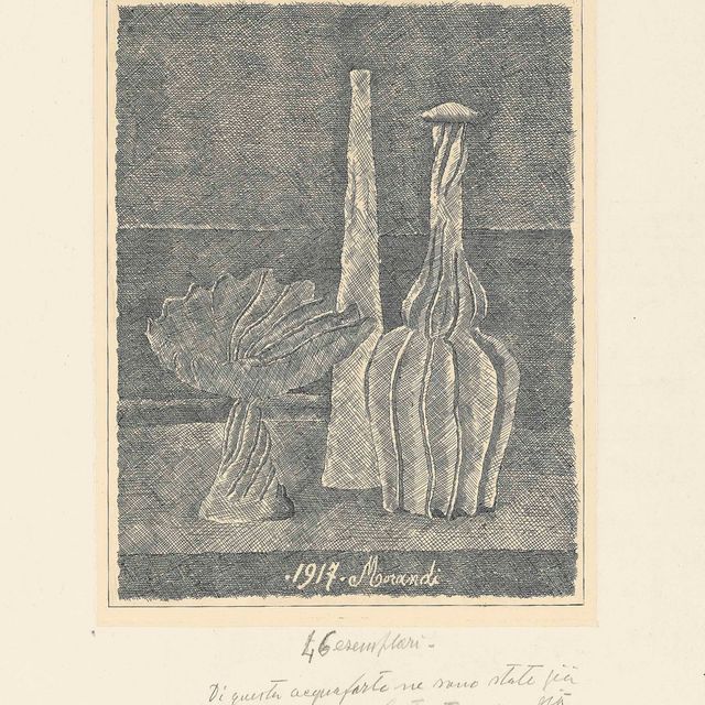 Giorgio Morandi — Природа морта в компостере, боттилья лунга и боттилья скан-меллата (Виталий, 50; Кордаро, стр. 57)