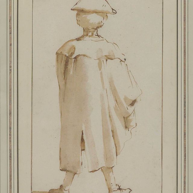 Giovanni Battista Tiepolo — Карикатура на стоящего мужчину в парике, плаще и треуголке, вид сзади
