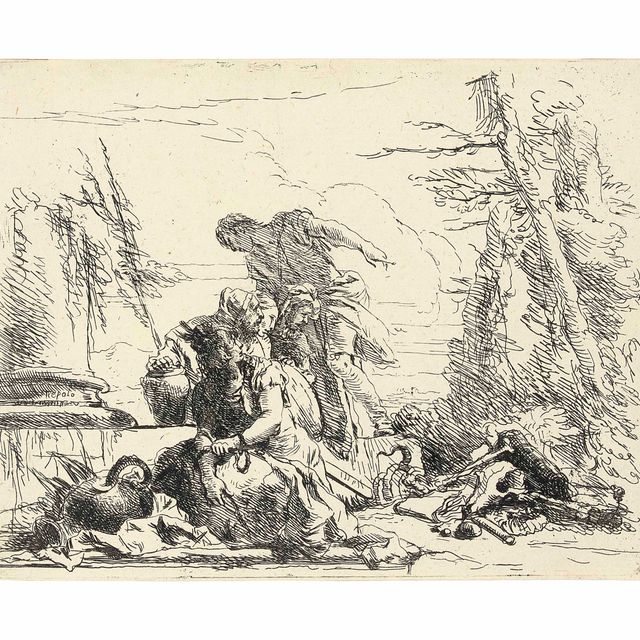 Giovanni Battista Tiepolo — Женщина с закованными в цепи руками и еще четыре фигуры, работы: Каприччи (де Весме, 9; Рицци, 35)