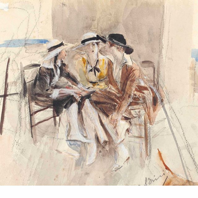 Giovanni Boldini — Три женщины беседуют на террасе ( справа ); изучение фигур ( слева )