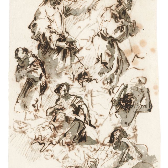 Giovanni Domenico Tiepolo — Этюды проповедующего Христа, два монаха в молитве, молодая женщина с мандолиной, мужчина с грузом на плечах и лежащая фигура (справа налево ); Этюды Христа и других фигур ( оборотная сторона )