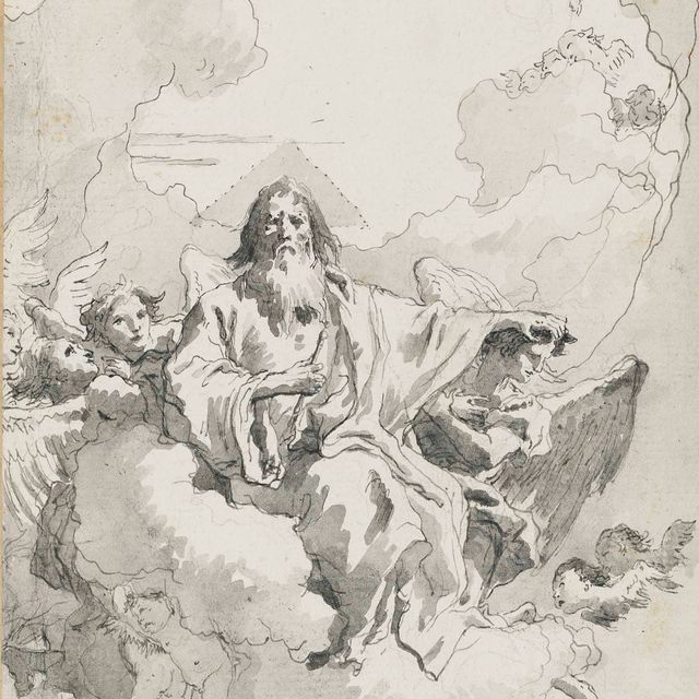 Giovanni Domenico Tiepolo — Бог Отец и ангелы на облаках (справа ), частичный обзор головы (сзади )