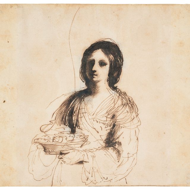 Giovanni Francesco Barbieri — Женщина, держащая вазу с фруктами длиной в половину