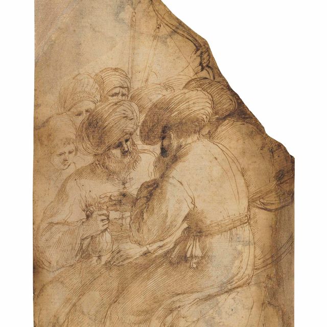 Giovanni Francesco Barbieri — Группа мужчин в тюрбанах, один из которых держит в руках небольшой мешочек, другой на заднем плане с луком и стрелами