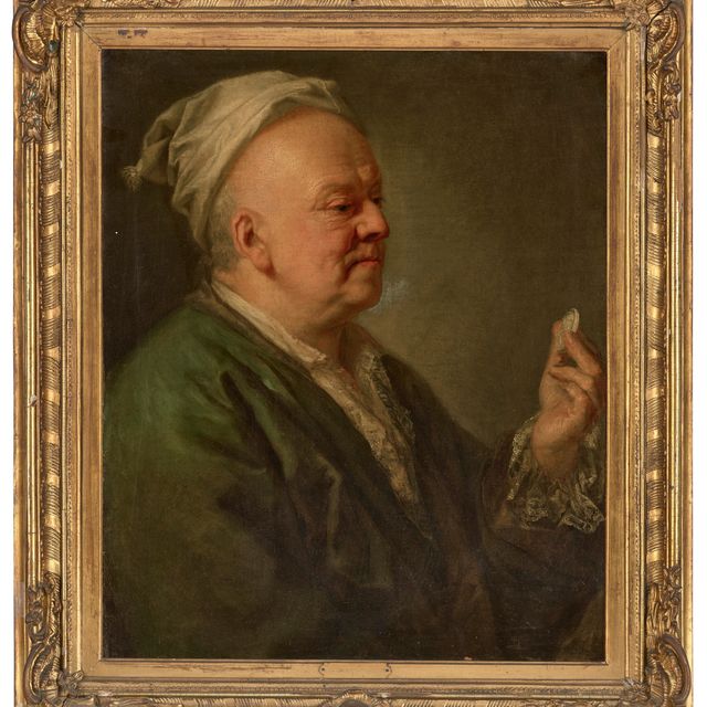 Graff — Портрет Филиппа Даниэля Липперта (1702-1785), в полный рост, в зеленом халате и белом ночном колпаке, с монетой в руках