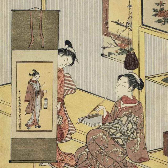 Harunobu Suzuki — Любуюсь изображением денди кисти Окумуры Масанобу , 1768 год