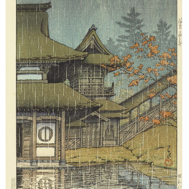 Hasui Kawase — Сендай Ямадера (горный храм, Сендай), из серии "Нихон фукэй шу хигаси Нихон хен" (Коллекция живописных видов Японии: Восточная Япония), 1933.3 Чихан но амэ (Мацуэ) (Душ на берегу озера), 1932.2 Синобадзу но ике но амэ (Дождь у пруда Шонобадзу), из серии "Нихон хен" (Коллекция живописных видов Японии: Восточная Япония). серия "Токио нидзюккэй" ("Двадцать видов Токио"), [впервые опубликована в 1929 году]