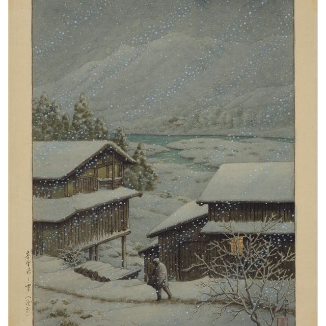 Hasui Kawase — Кисодзи-но-юки, генсен (Снег на дороге Кисо, горячий источник)