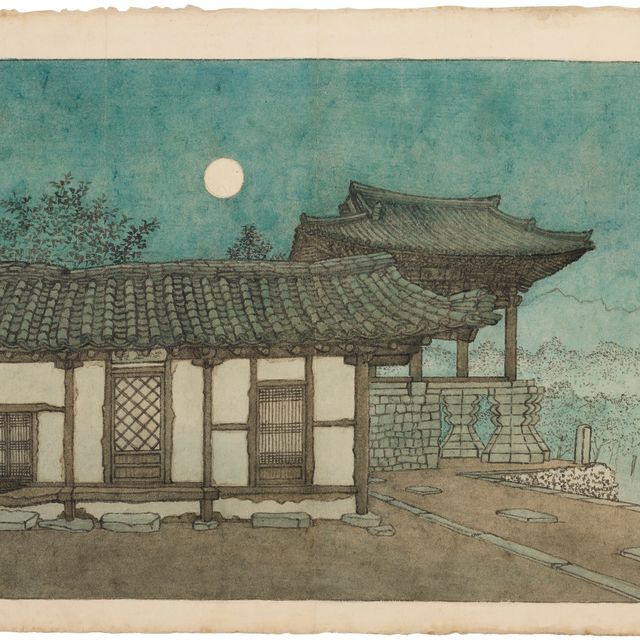 Hasui Kawase — Вечерняя Луна Над Храмом