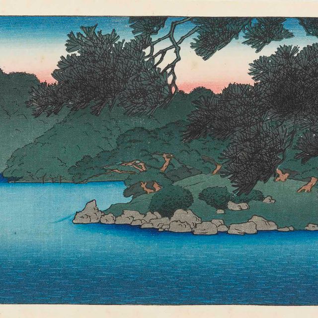 Hasui Kawase — Matsu no chihan no Ryotei (Вилла Ритей у соснового пруда) из серии Mitsubishi Fukagawa bettei no zu (Вилла [семьи Ивасаки, владельца] Mitsubishi [компании], Фукагава)