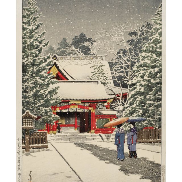 Hasui Kawase — Сато-но-юки, Хи-Дзиндзя (Снег в храме, Хи-святилище)