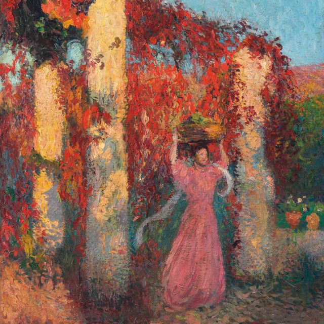 Henri Martin — Молодая женщина, важная особа в саду для уединенного времяпрепровождения, в беседке из виньетки- "Красная весна"