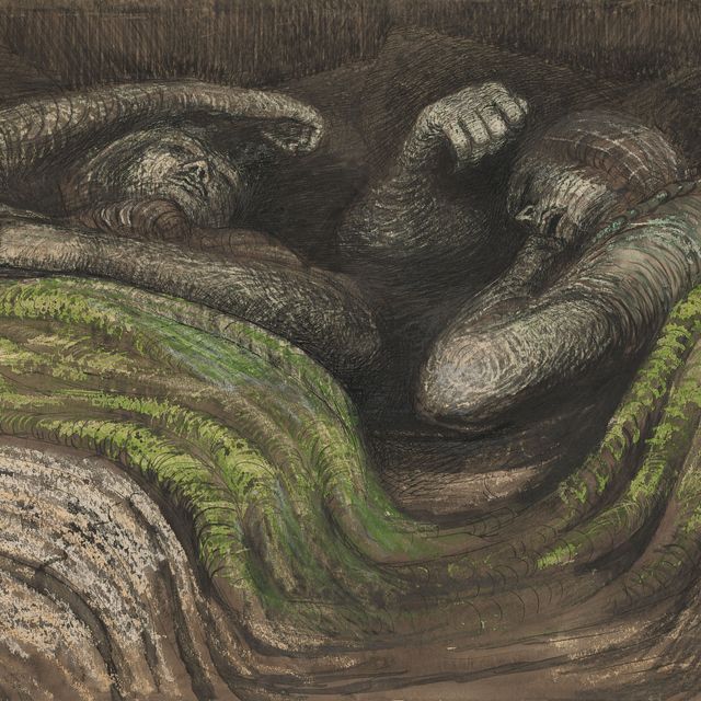 Henry Moore — Двое спящих в метро ( слева направо ); Фигуры и эскизы скульптур ( справа налево )