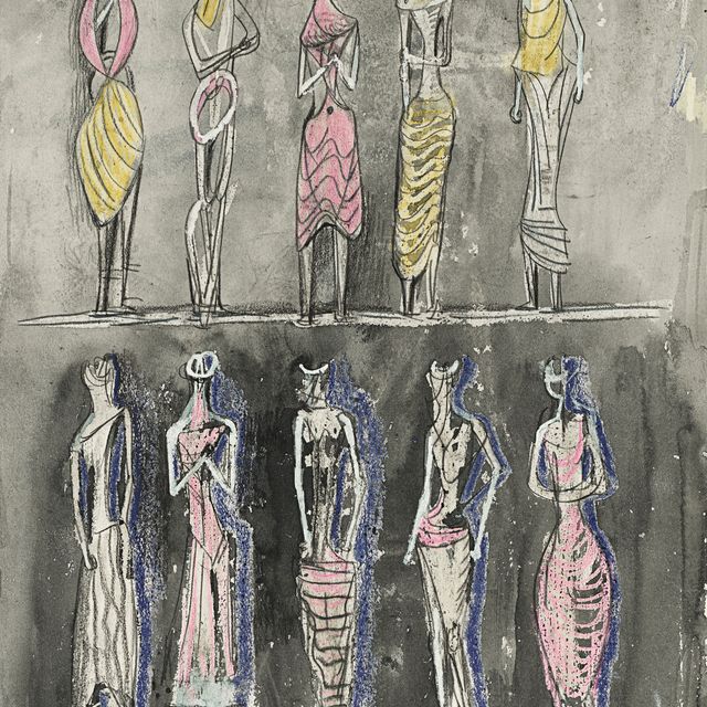 Henry Moore — Сидящая фигура в городском пейзаже (справа) ; Стоящие фигуры, фигуры из листьев (оборотная сторона)