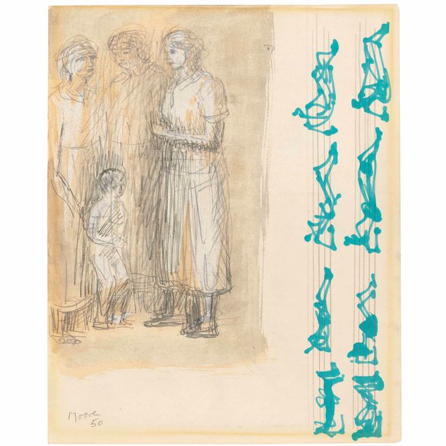 Henry Moore — Три женщины с ребенком и лежащими фигурами на музыкальных дорожках