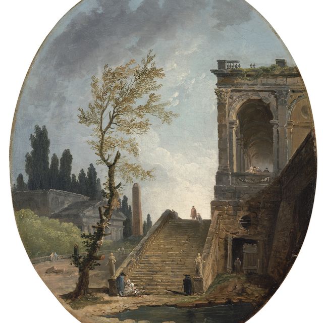 Hubert Robert — Итальянский дворец : каприччио из классических руин с лестницей, ведущей от бассейна к лоджии, храмом и обелиском за ним.