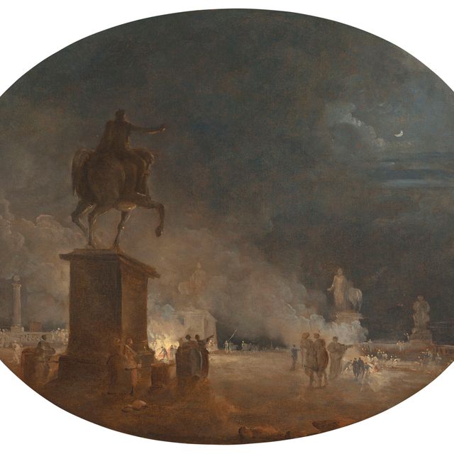 Hubert Robert — Рим, Пьяцца дель Кампидольо, ночью, с конной статуей Марка Аврелия и фигурами, разжигающими костры