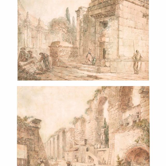 Hubert Robert — Архитектурное каприччио с фигурами перед храмом Юпитера в Сплите; и архитектурное каприччио с фонтаном и руинами акведука Салона в Сплите