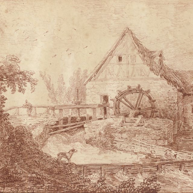 Hubert Robert — Водяная мельница с крестьянином на мосту и собакой, стоящей на берегу реки