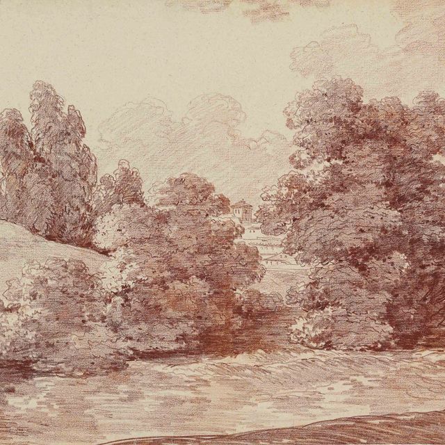 Hubert Robert — Пейзаж с деревьями и классическими зданиями вдалеке