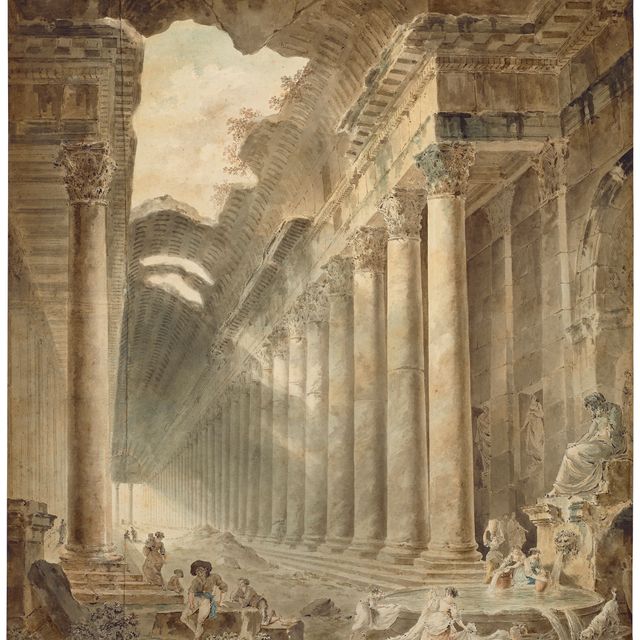 Hubert Robert — Огромное здание с колоннадой, крыша частично открыта небу, девушки стирают белье у фонтана под статуей сидящего мужчины