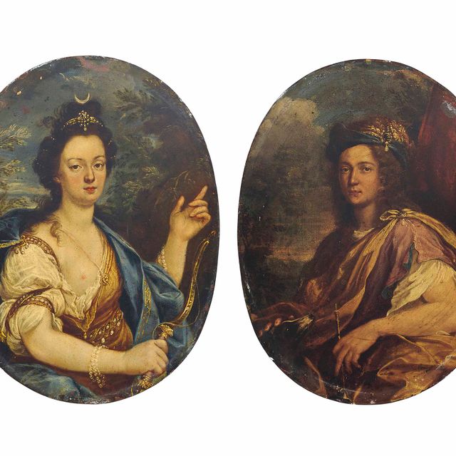Hyacinthe Rigaud — Портрет леди в три четверти роста, в образе Дианы, на фоне пейзажа; и портрет джентльмена в три четверти роста, в классическом костюме, перед занавесом, на фоне пейзажа