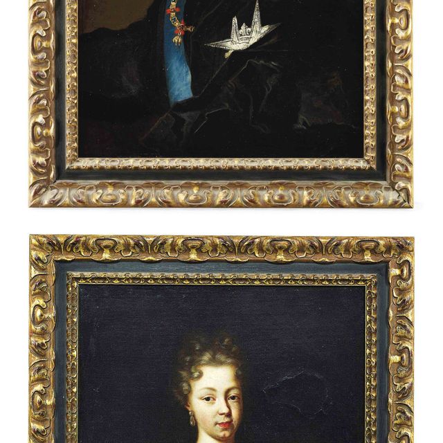 Hyacinthe Rigaud — Портрет Филиппа V, короля Испании, до пояса, со значком и лентой ордена Святого Духа и ордена Золотого руна; и портрет дамы, традиционно идентифицируемой как Елизавета Фарнезе, королева-консорт Испании (1692-1766), до груди, в расшитом шелковом платье и розовая шелковая накидка