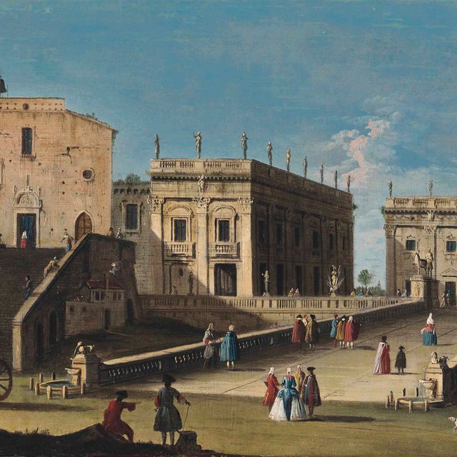 Italian School — Вид на Кампидольо, Рим, с церковью Санта-Мария-ин-Аракоэли, каретой и элегантно одетыми фигурами на переднем плане