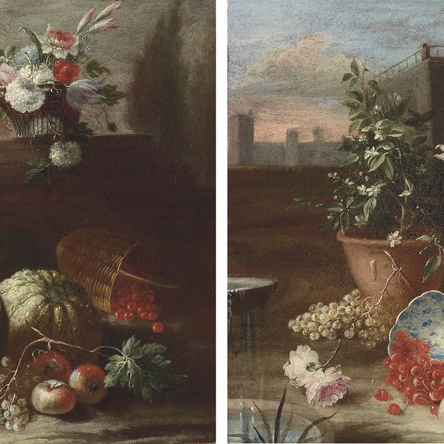 Italian School — Тюльпаны, розы, инжир, виноград, дыня и вишни, с другими цветами и фруктами, на фоне пейзажа; и тюльпаны, розы, лилии, инжир, вишни, виноград и гранат, у фонтана
