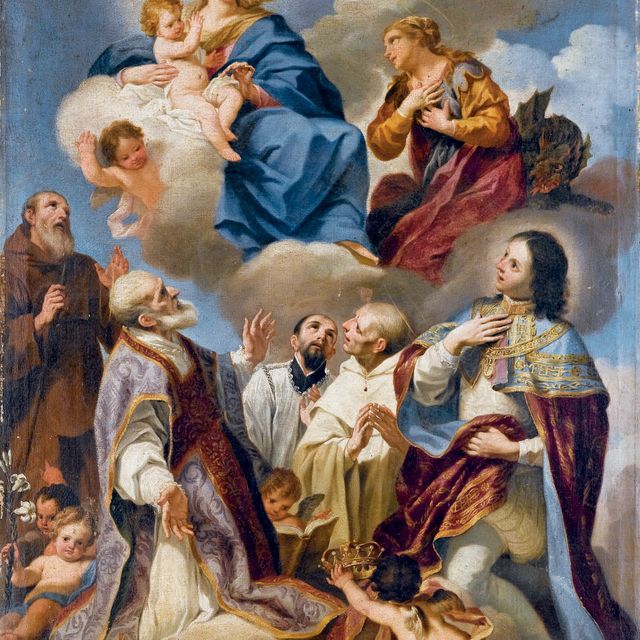 Italian School — Мадонна коль Бамбино и Санта-Маргарита, и Санти Антонио, Филиппо Нери, Игнацио, Бернардо Толомеи, и Беато Амедео ди Савойя