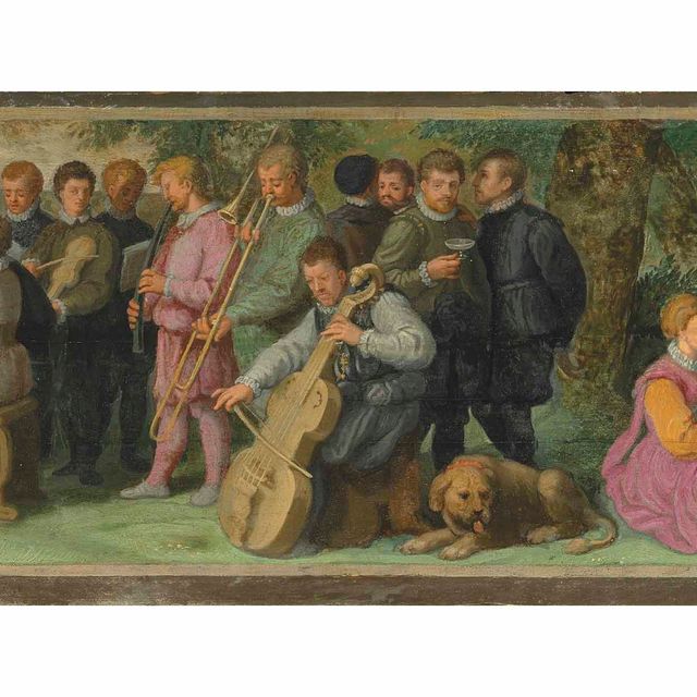 Italian School — Пасторальный концерт с участием элегантных музыкантов, играющих на цитре, клавикордах, скрипке, корнете, тромбоне и виолончели