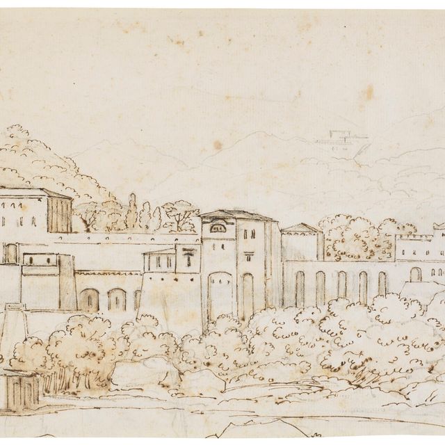 Italian School — Вид зданий на фоне итальянского пейзажа (recto); Прибрежный пейзаж с горами (verso)