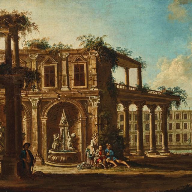 Italian School — Каприччио с путешественником, три фигуры, беседующие у фонтана, и фигура верхом на лошади