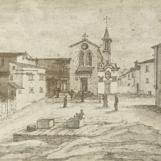 Italian School — Площадь итальянского городка с фигурами на ступенях церкви