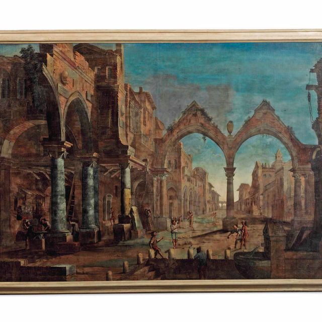 Italian School — Архитектурное каприччио с рабочими и фигурами, играющими в бигли