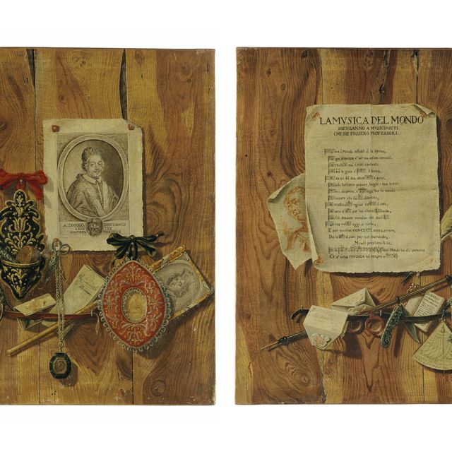 Italian School — Обманка с гравюрой, посвященной папе Александру VIII, часами, письмами и другими предметами; и обманка с нотным листом, рисунком, лунным календарем и другими предметами