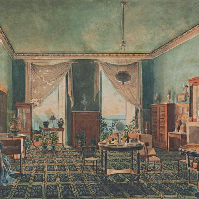 Italian School — Портрет графини Кэтрин Тизенгаузен (1803-1888), сидящей за роялем в элегантном салоне в резиденции своей семьи на озере Гарда.