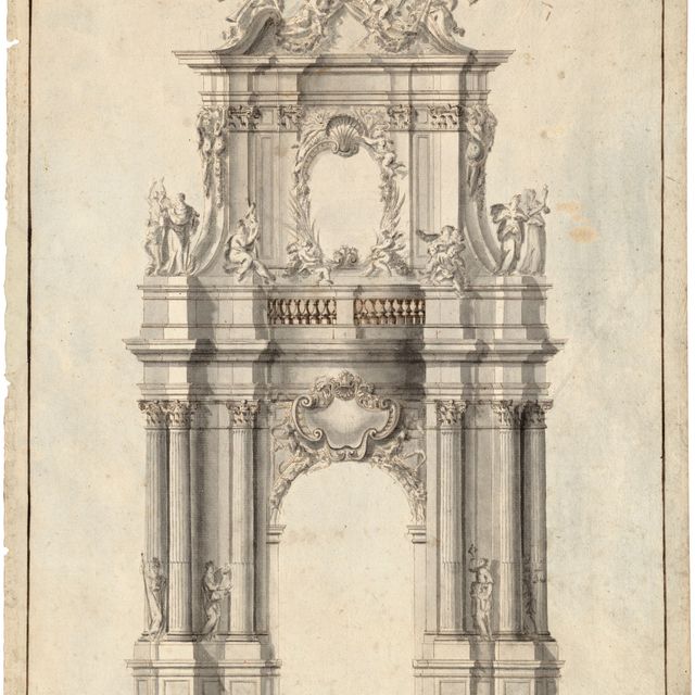 Italian School — Эскиз триумфальной арки, видимой спереди (справа); и эскиз триумфальной арки, видимой сбоку (справа); Сидящий пастух, пьющий вино (оборотная сторона , другой рукой)