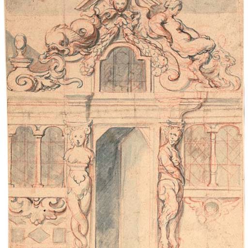 Jacob Jordaens — Изысканный фасад с открытой дверью, обрамленной вакханкой и сатиром, окном со сломанным фронтоном, обрамленным дельфином и сатирессой с бараном наверху.